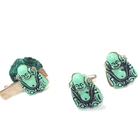 Vintage 3-piece Green Buddha Bakelite Cufflink and Tie Clip Set - Picture 5 of 12